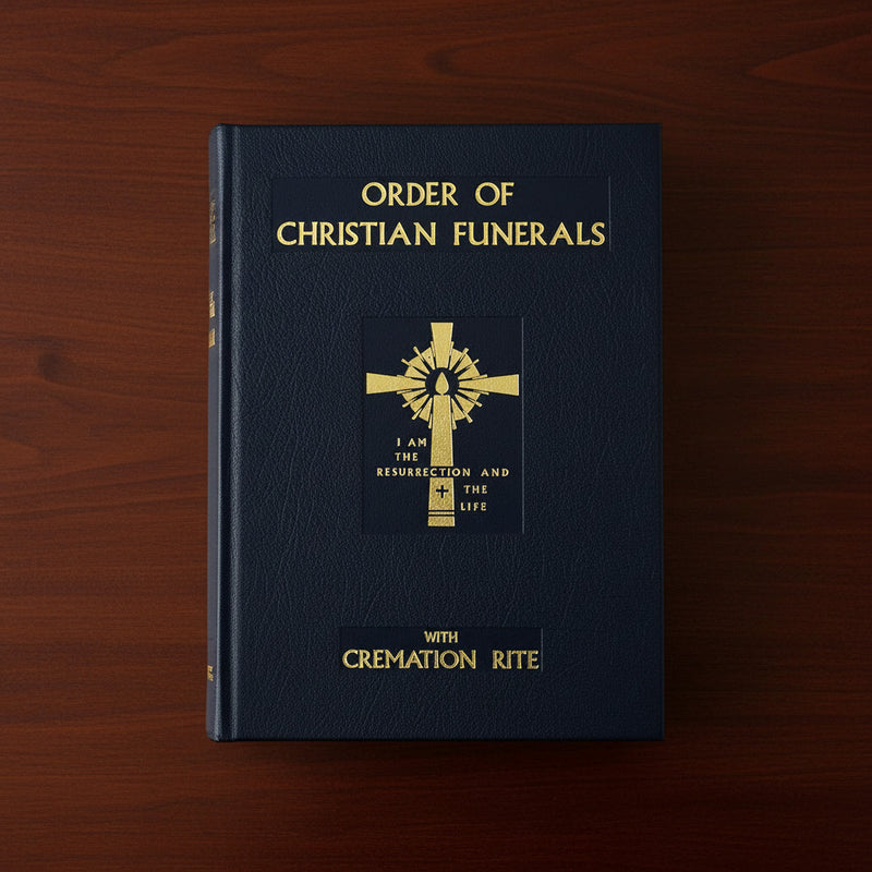 Book titled 'Order of Christian Funerals' with a gold cross on a wooden background