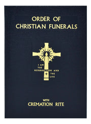 Booklet titled 'Order of Christian Funerals with Cremation Rite' featuring a gold cross on a black background.