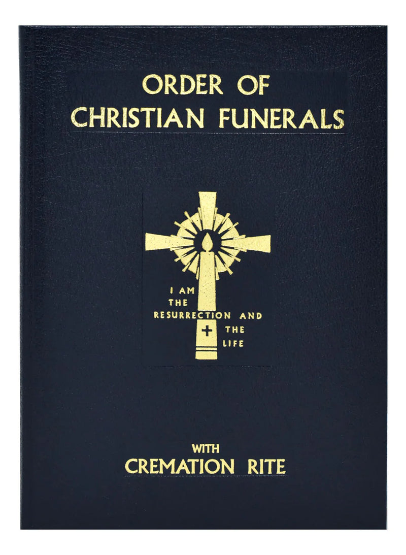 Booklet titled 'Order of Christian Funerals with Cremation Rite' featuring a gold cross on a black background.