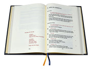 Open book with text and red highlighted sections on a white background