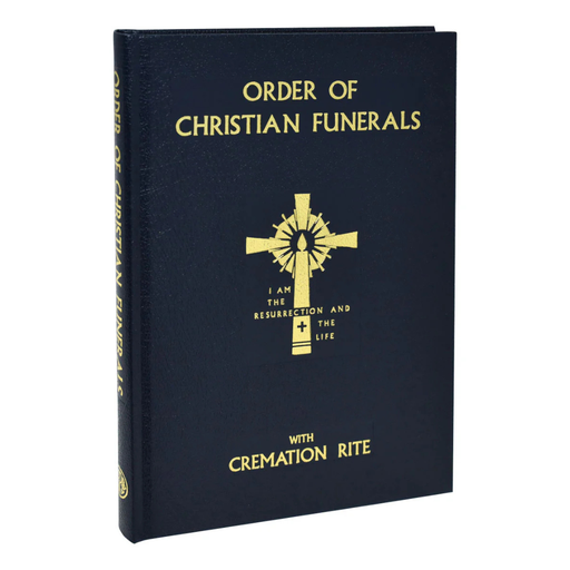 Book titled 'Order of Christian Funerals' with a cross symbol on a white background