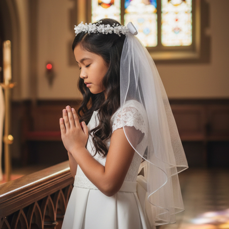 Young girl in a white First Communion dress with a veil and tiara, standing in a church.
