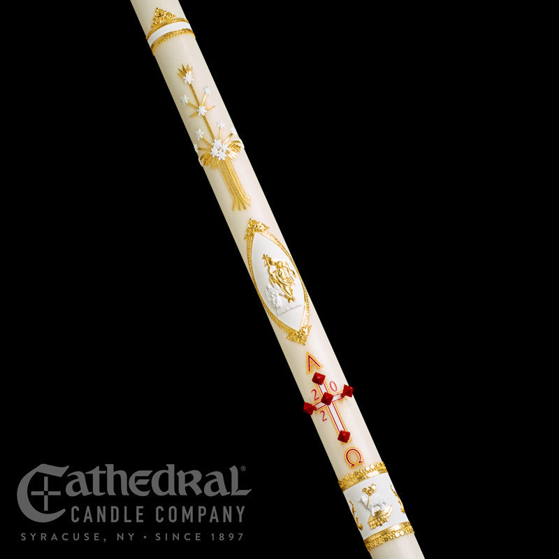 Ornamented Classic 51% beeswax Paschal candle with gold leaf detailing by Cathedral