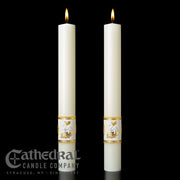 Ornamented complementing 51% beeswax altar candle by Cathedral; sold as a pair