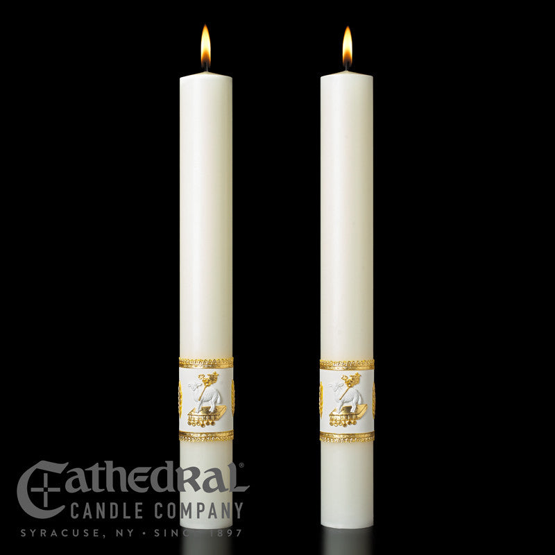 Ornamented complementing 51% beeswax altar candle by Cathedral; sold as a pair