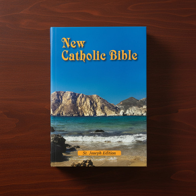 Book titled 'New Catholic Bible St. Joseph Edition' with a scenic cover on a wooden surface
