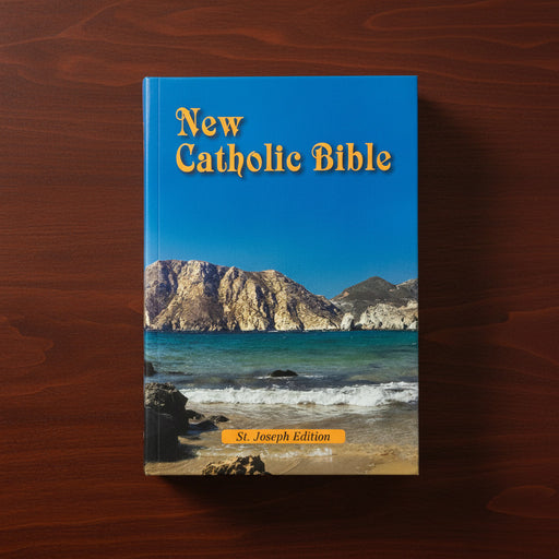 Book titled 'New Catholic Bible St. Joseph Edition' with a scenic cover on a wooden surface