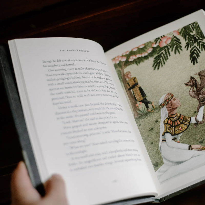 Open book with illustrated page and text, held by a hand.