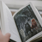 Open book with illustrations of three lions in a dark, stormy setting.