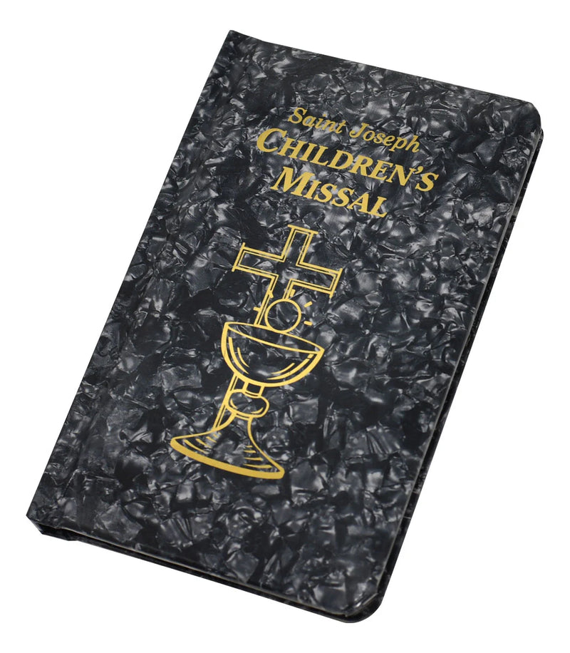 Children's Missal with marble-like cover and gold text and design on a white background