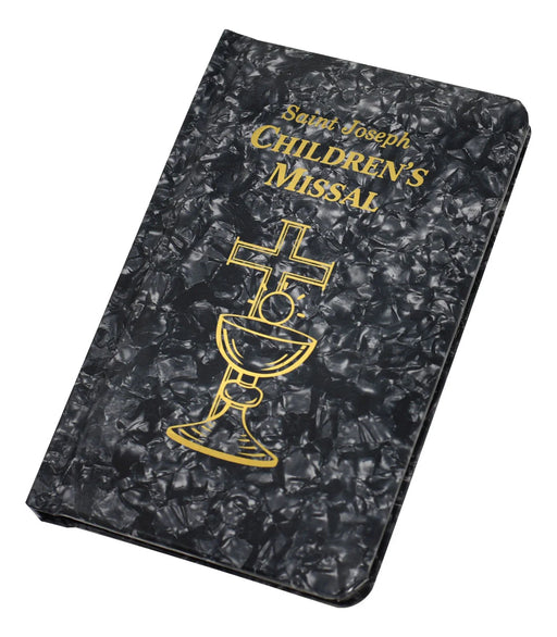 Children's Missal with marble-like cover and gold text and design on a white background