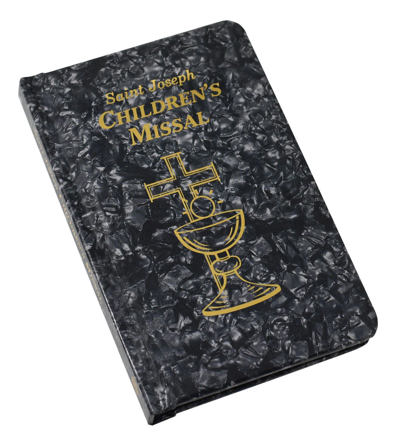 Saint Joseph Children's Missal with black marble-like cover and gold text and design.