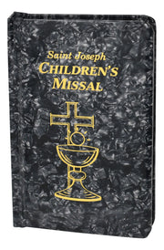Saint Joseph Children's Missal with black marbled cover and gold text and design.