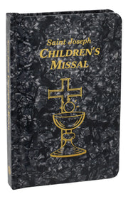 Saint Joseph Children's Missal with black marbled cover and gold text and design.