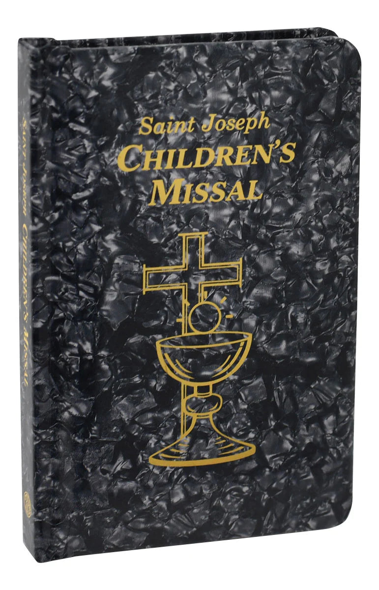 Saint Joseph Children's Missal with black marbled cover and gold text and design.
