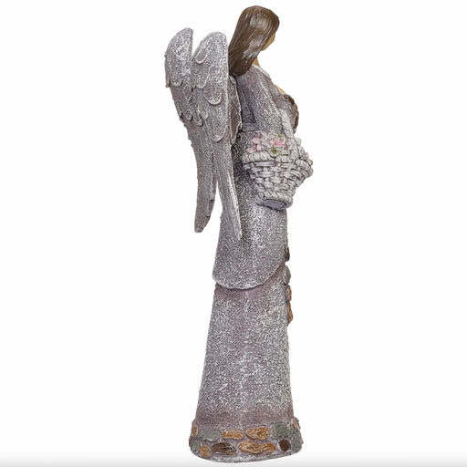 Statue of an angel holding a basket on a white background