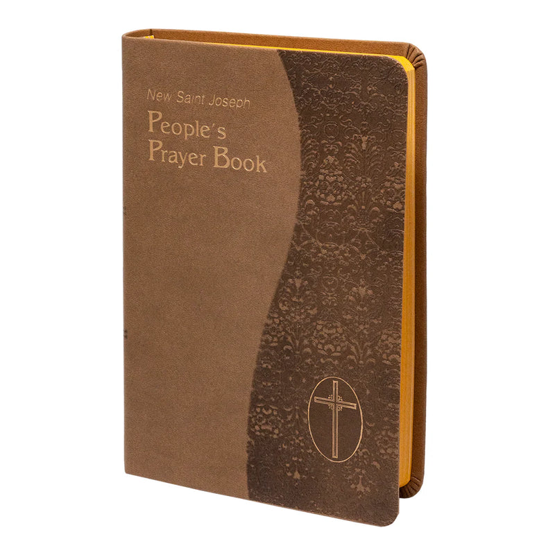 Brown prayer book with gold edges and a cross emblem on a white background