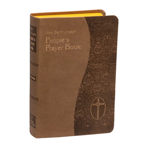 Brown 'New Saint Joseph People's Prayer Book' with gold cross emblem on a white background