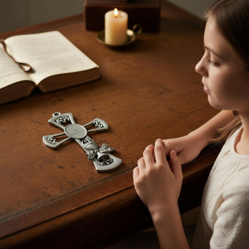 Young girl gazing at a metal First Communion gift cross with a chalice emblem on a wood desk.