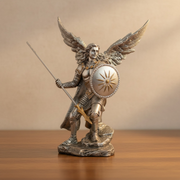 Statue of an angel warrior holding a sword and shield on a wooden surface with a beige background