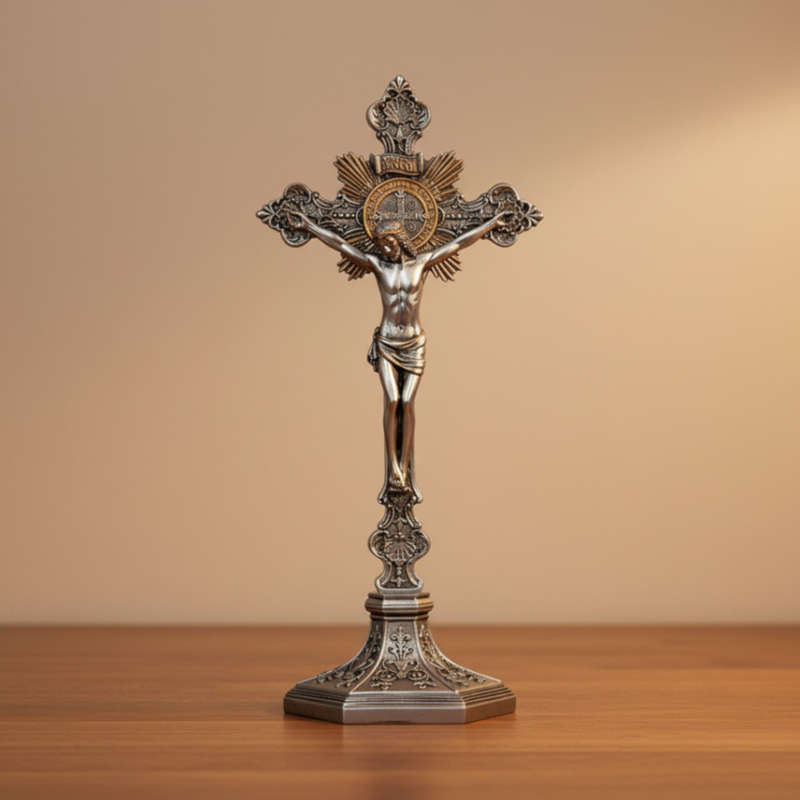 Decorative crucifix on a wooden surface with a beige background