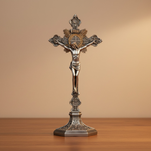 Decorative crucifix on a wooden surface with a beige background