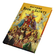 Book titled 'Picture Book of Saints' with religious illustrations on a white background