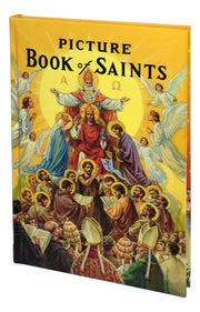 Book titled 'Picture Book of Saints' with religious illustrations on a yellow background