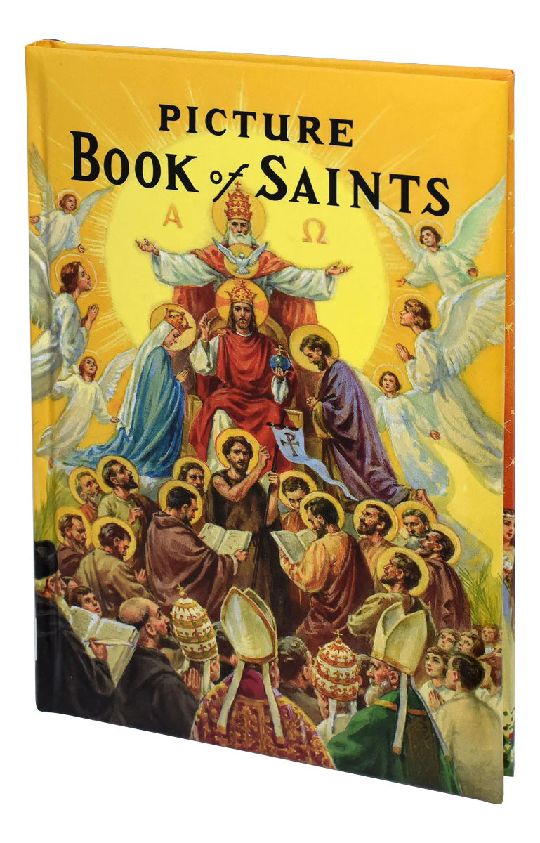 Book titled 'Picture Book of Saints' with religious illustrations on a yellow background