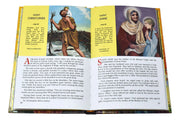 Open book with illustrations and text about Saint Christopher and Saint Anne on a white background