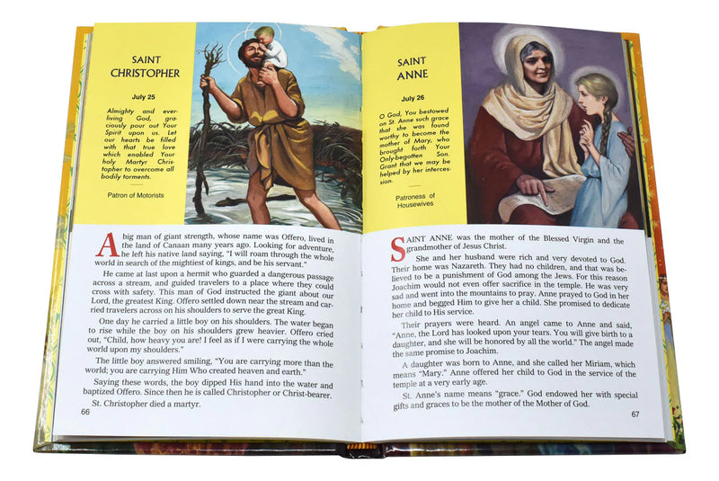 Open book with illustrations and text about Saint Christopher and Saint Anne on a white background