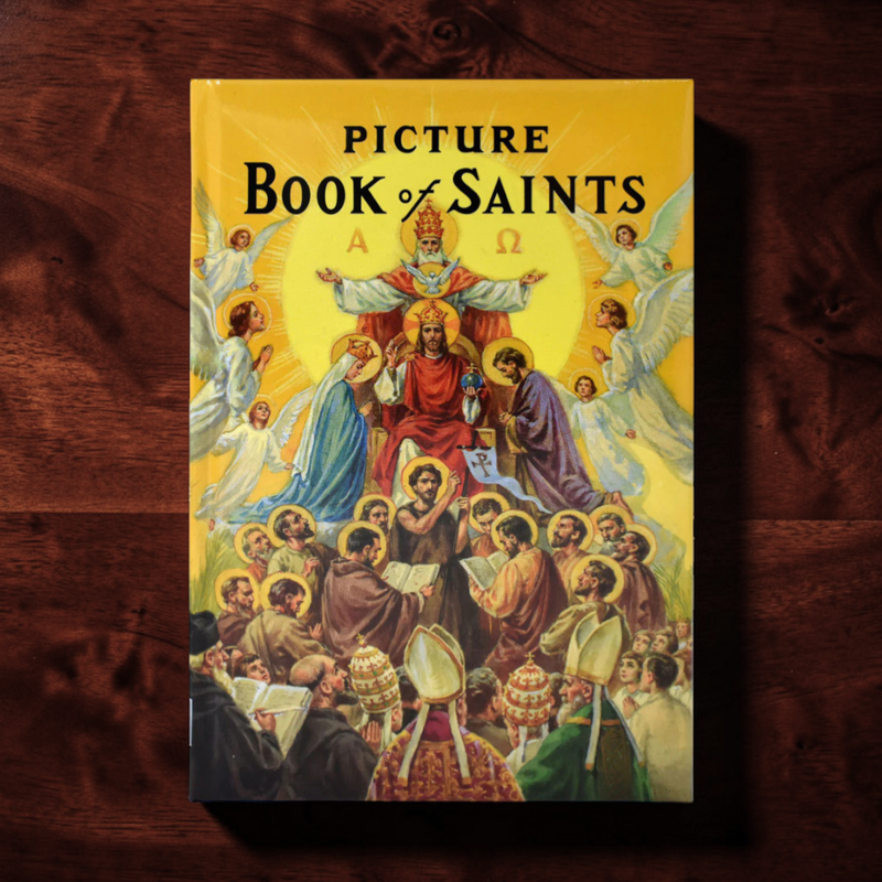 Book cover of 'Picture Book of Saints' with religious illustrations on a wooden surface