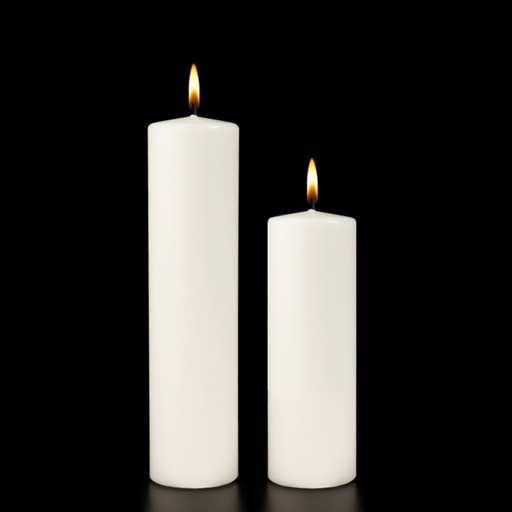 Two white candles with flames on a black background
