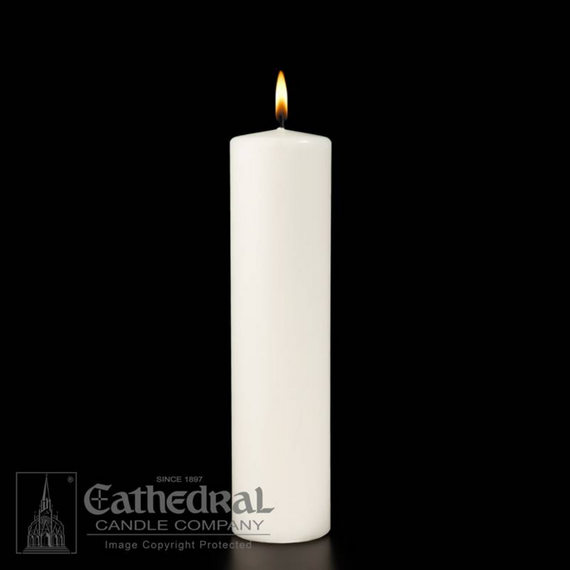 White candle with a lit flame on a black background, featuring the Cathedral Candle Company logo.