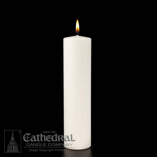 White candle with a lit flame on a black background, featuring the Cathedral Candle Company logo.