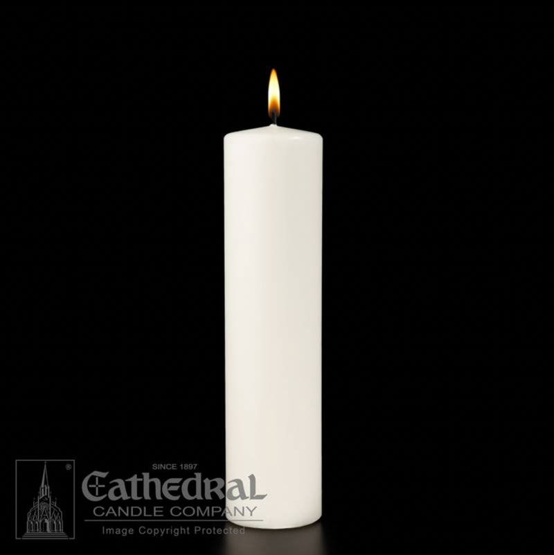 White candle with a lit flame on a black background, featuring the Cathedral Candle Company logo.