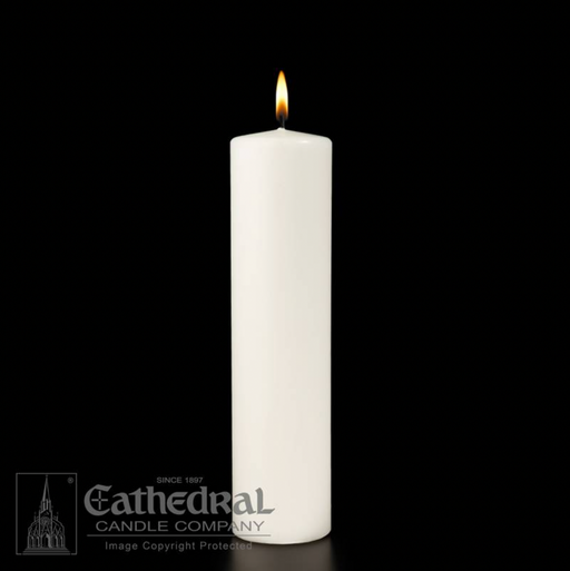 White candle with a lit flame on a black background, featuring the Cathedral Candle Company logo.