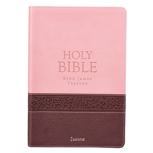 Pink and brown Bible with 'HOLY BIBLE King James Version' text on a white background