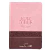 Pink and brown Bible cover with 'HOLY BIBLE King James Version' text on a white background
