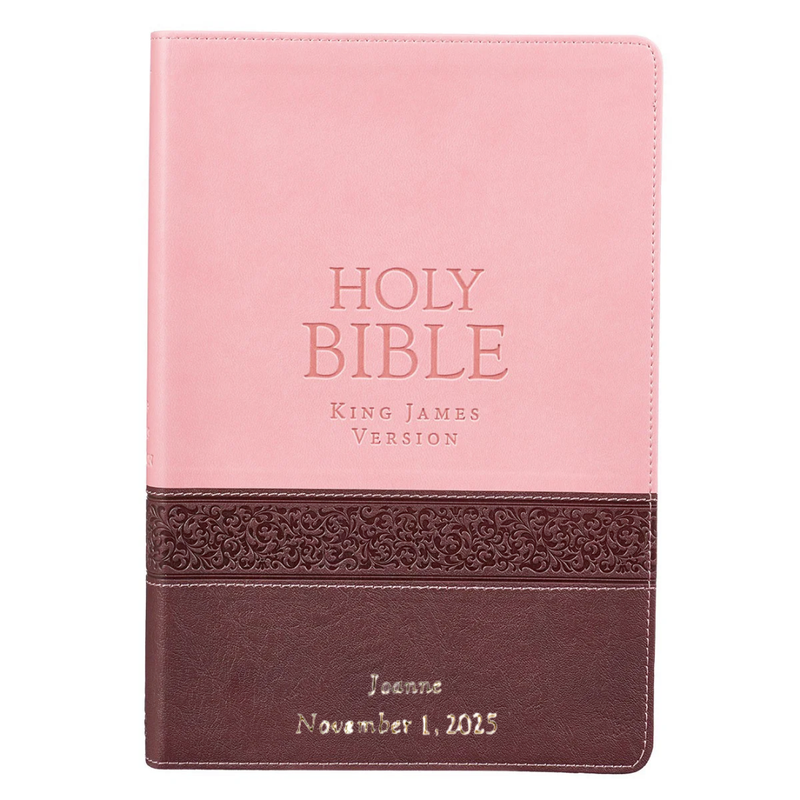Pink and brown Bible cover with 'HOLY BIBLE King James Version' text on a white background
