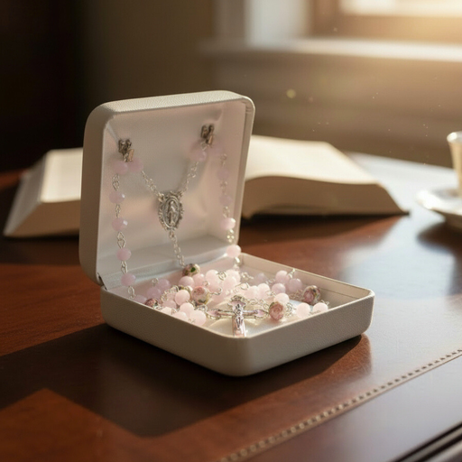 An open jewelry box contains a pink crystal First Communion rosary with floral beads on a wood desk.
