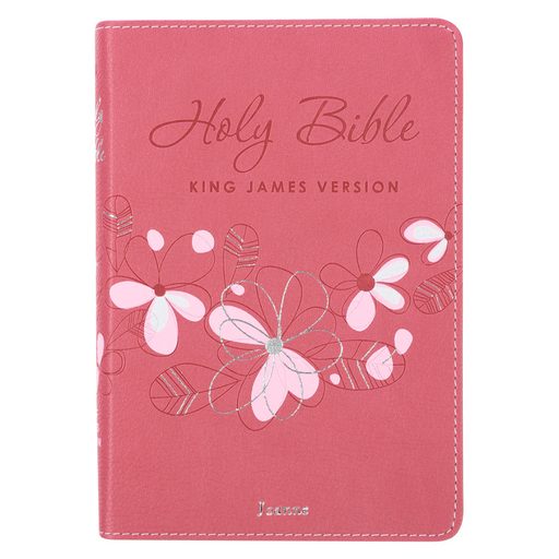Pink Bible cover with floral designs and 'Holy Bible King James Version' text on a white background