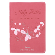 Pink Bible cover with floral designs and 'Holy Bible King James Version' text on a white background