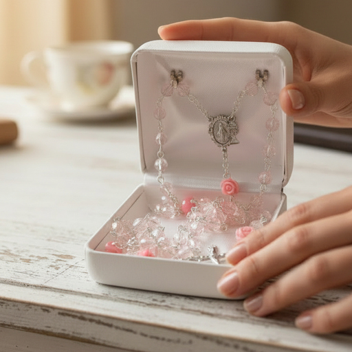 A pink crystal First Communion rosary in a white box, with rose Our Father beads and a rhodium Miraculous Medal centerpiece, sits on a wooden table.