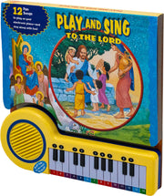 Children's electronic piano book titled 'Play and Sing to the Lord' featuring religious illustrations.