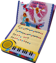 Children's toy keyboard with religious illustrations on the cover