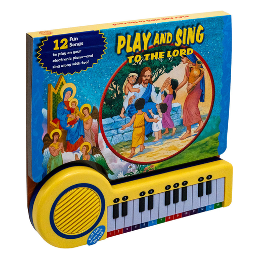 Children's interactive piano book with Bible-themed illustration on packaging