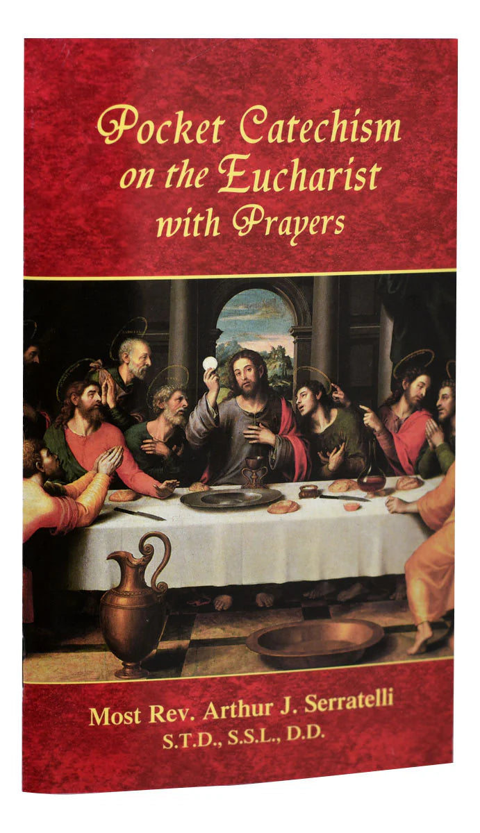 Red book with text 'Pocket Catechism on the Eucharist with Prayers' and an image of the Last Supper on a white background.