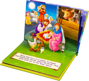 Pop-up book with a nativity scene illustration on a white background