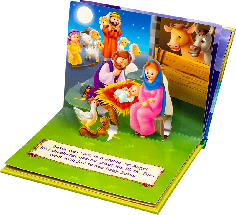 Pop-up book with a nativity scene illustration on a white background